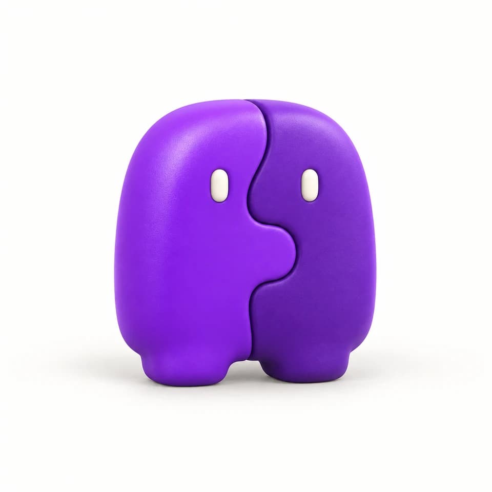 Nexo, mascota de Indrox con dos mitades violetas que encajan como un rompecabezas.
